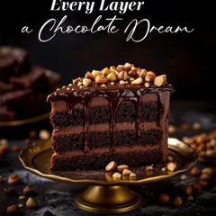A closer look at my layered chocolate and hazelnut cake. You can see the rich, velvety texture of the chocolate mousse between moist cake layers, all topped with a glossy ganache drip and crunchy roasted hazelnuts.