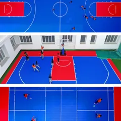 Top-down and angled views of students playing on the indoor basketball and badminton courts at Amrita International Vidyalayam, showcasing the school's sports facilities.