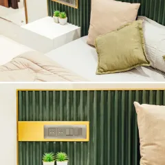 A detail shot of the bespoke headboard and integrated switch panel. This highlights my focus on combining beautiful design with practical functionality, ensuring every element is thoughtfully considered.