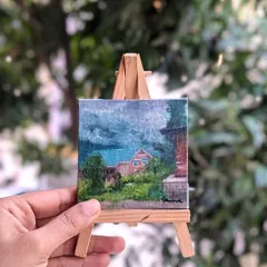 This piece is inspired by a photo of a cozy homestay in Manali. I really enjoy turning travel photos into hand painted keepsakes. You can see the texture of the oil paint on the 3x3 inch canvas, bringing the memory of that peaceful place to life.