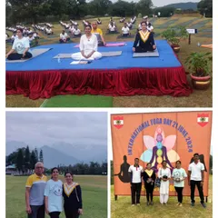 A collage from our 10th International Yoga Day celebration. It shows our family of instructors leading the session on stage and our community practicing together in a beautiful outdoor setting.