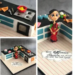 A collage showing multiple angles of the kitchen cake, highlighting the tiny edible vegetables, stove, and utensils.