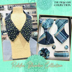 This curated set is perfect for stylish couples. It includes a men's accessory box with a blue plaid bow tie and matching items, paired with a studded detachable collar for women.