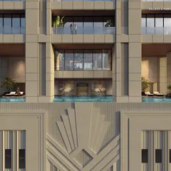 A detailed look at the facade of Empire Tower, where private plunge pools are integrated into the Art Deco design. This showcases our philosophy of embedding bespoke luxury within a grand architectural statement.