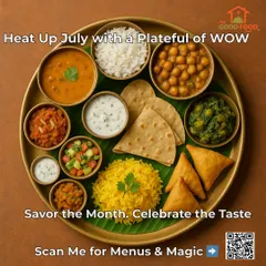 We bring the 'wow' factor to your table with our vibrant and abundant thalis. This platter showcases a complete meal with chole, dal, palak paneer, samosas, roti, and rice, representing the variety we can bring to any event.