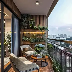 I believe balconies should be a personal retreat. Here, I used a combination of wood decking, vertical gardens, and comfortable seating to create a lush urban oasis with a stunning city view.