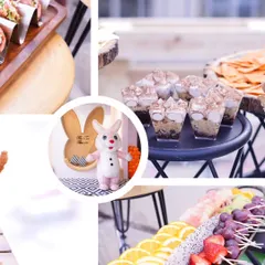A collage from a cute bunny-themed birthday party. It shows a variety of kid-friendly foods like tacos, dessert cups, and fruit skewers, all presented in a fun and appealing way.