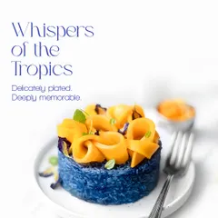 These are the whispers of the tropics. A beautifully plated dessert of blue pea flower rice topped with mango ribbons, this dish is as delicate as it is memorable.