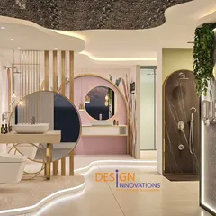 This QUEO showroom design uses flowing, curved pathways and partitions to guide customers through the space. We combined soft pinks, warm woods, and gold accents with organic shapes to create an inviting and memorable retail environment.