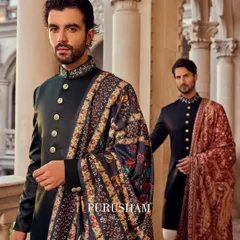 My Amore collection is inspired by the grandeur of heritage. This look pairs a classic, dark bandhgala with a richly detailed shawl, creating a silhouette that speaks of timeless elegance and royal charm. It is for the man who carries his legacy with pride.