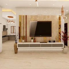 A 3D render of a living room TV unit featuring a marble-finish back panel with gold-toned accents. This design provides ample storage while serving as a sophisticated centerpiece for the room, with an open-plan kitchen visible in the background.