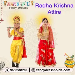 A classic Radha and Krishna costume pairing. The image displays a young boy in a traditional yellow Krishna dhoti set and a woman in an elegant red Radha lehenga, ideal for mother-son pairs or event performances.