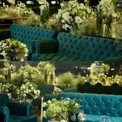 For this sangeet, I paired deep teal velvet lounge sofas with overflowing arrangements of white hydrangeas and baby's breath. The contrast of the rich color against the soft white florals created a look of sophisticated drama.