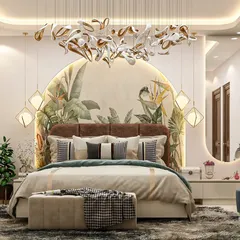 Nature meets luxury in this master bedroom. The arched alcove behind the bed features a vibrant tropical mural, beautifully framed by an ornate chandelier and contemporary pendant lights, creating a serene and stylish escape.