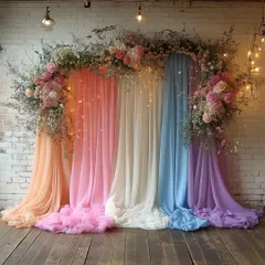 For a touch of whimsical color, I designed this rainbow-inspired backdrop using draped pastel fabrics. Topped with a floral garland, it's a joyful and creative choice for a baby shower or bridal shower.