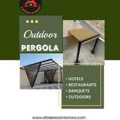 This graphic highlights two distinct outdoor pergola styles I build: a minimalist design with a yellow slatted roof and a bold, angular structure. I provide these custom solutions for homes, hotels, and restaurants.