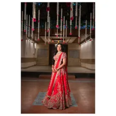 A full length view of Likitha's reception attire. Understanding how makeup pairs with different silhouettes and fabrics is a crucial part of the professionalism I teach.