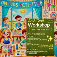 Our weekly Art & Craft Workshop for kids aged 6-11 runs every Saturday. We offer both in-studio sessions at Kailash Business Park and live online sessions, so your child can join the creative fun from anywhere.