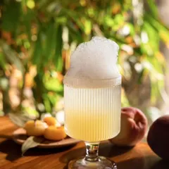 A beautifully lit cocktail from Kaia Goa with a delicate foam top. The soft, natural light from the background creates a dreamy and refreshing mood.