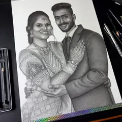 This A3 size graphite pencil sketch was a commission for a couple from TamilNadu. I paid special attention to the fine details in the saree and the joyful expressions.