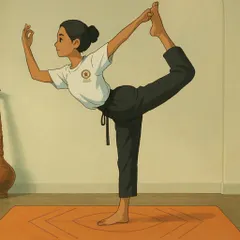 An artistic rendering of Natarajasana in the gentle, soulful style of Studio Ghibli, capturing the magic and grace of the pose.