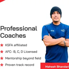This is our Head Coach and Director, Mahesh Bhandari. Our coaching staff is KSFA affiliated, AFC licensed, and background verified, with a proven track record of mentoring young players beyond the field.