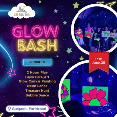 Get ready for our signature Glow Bash. This poster shows all the fun-tastic activities included, like glow canvas painting, neon dance, and a bubble party, all designed for a unique, glowing adventure.