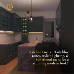 Kitchen goals unlocked with this stunning modern look. The dark blue cabinets create a bold, sophisticated statement, while the marble island and stylish pendant lighting add a layer of luxury and functionality.