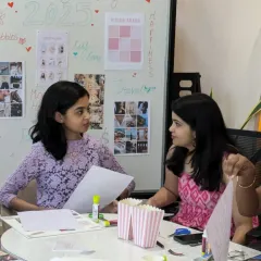 Two participants collaborating and sharing their dreams. Our workshops are designed to foster connection and create a space for honest conversations.
