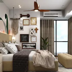 A bohemian-style bedroom where a gallery wall is created with a mix of framed prints, macrame art, and wooden signs, adding a personal and eclectic touch.