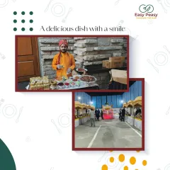 A delicious dish served with a smile. This collage shows our staff at a traditional paan counter and a wide view of a festive food stall setup, ready to welcome guests.