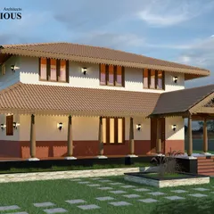 I design farmhouses that blend traditional aesthetics with modern comforts. This proposed design features a classic sloping tiled roof, a wraparound veranda with wooden pillars, and a layout that connects deeply with the surrounding landscape.