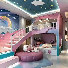 We created a fairytale room for a child with this elaborate pink bunk bed. The design includes a staircase, a slide, and a cozy lower bunk, all set against a magical backdrop of rainbows and stars on the ceiling.