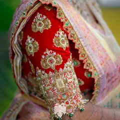 A close-up of the heavy sleeve border on Bhavana's velvet blouse, sealing the royal finish.