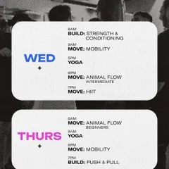 Here’s our mid-week schedule for September. Find your flow with Yoga and Animal Flow, or build power with our Push & Pull and HIIT classes.