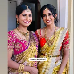 Here are two examples of my custom blouse work. On the left, a magenta pink blouse with intricate zardosi embroidery for a gold saree. On the right, a bright red blouse with detailed sleeve work to complement another beautiful silk saree.