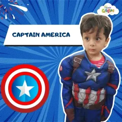 Reporting for duty! This little hero is dressed as Captain America, ready to save the day in our Character Closet.