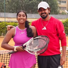Our founder, Suraj Bikkannavar, with our player Sreenidhi Balaji. We are proud that both were selected to represent the Karnataka State Team at the National Games, as coach and player respectively, highlighting our leadership in Indian tennis.