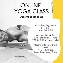 The December schedule for my online classes, with different timings for complete beginners, intermediate, and advanced levels. There's a class for everyone.