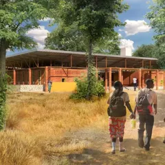 This rendering shows people approaching the proposed community center, which is designed to be a welcoming and accessible hub for the Mayukwayukwa refugee camp.