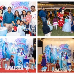 This collage shows the complete experience of our Frozen and Minnie Mouse party, including the full decor setup, family photos, and the kids having a great time with the character mascot.