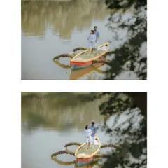 A romantic boat ride for two. This creative shot, seen through the leaves, captures a private, intimate moment during their proposal day.