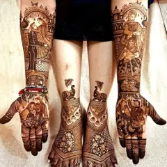 This elaborate design covers hands and feet with multiple scenes from a wedding story, including portraits, family members, and traditional processions.