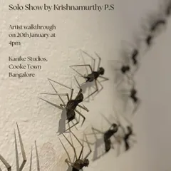 A poster for the artist walkthrough of the "Past Summers" solo show, featuring detailed sculptures of ants made from found natural objects.