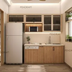 For this compact kitchen, we used earthy tones and MS jaali designs in the overhead cabinets to make the space feel lighter while providing ample storage. This view shows the pantry and fridge area.