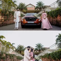 A romantic collage of the couple posing with their car at an elegant venue. These shots combine the feel of a pre wedding shoot with the joy of a maternity celebration.
