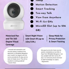This infographic details the features of the popular EZVIZ indoor camera we install. It highlights key specifications like 1080p resolution, 360-degree pan-and-tilt coverage, smart motion tracking, and two-way audio communication.