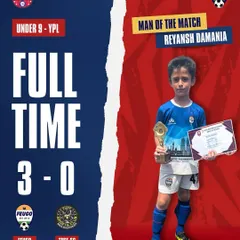Celebrating our U-9 team's first victory of the YPL season, a 3-0 win where Reyansh Damania was named Man of the Match.