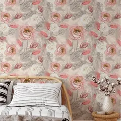 A romantic and soft floral wallpaper featuring watercolor-style roses. This design is perfect for creating a dreamy and feminine atmosphere in a bedroom.