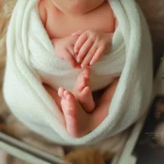 A close-up macro shot focusing on the delicate details of a newborn's hands and feet, snugly tucked inside a white swaddle. These are the tiny features you'll want to remember forever.